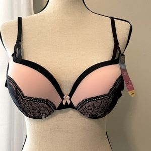 NWT Maidenform Push, Plunging Neckline Pink with Black Lace bra 36B